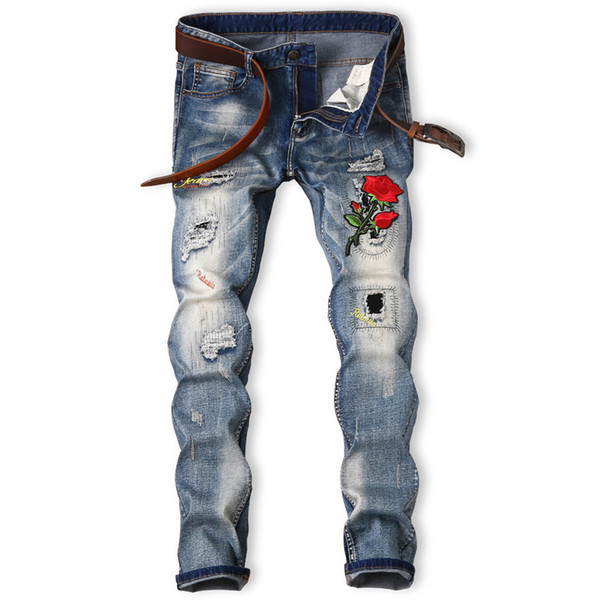 Mens Rose Embroidery Jeans Slim Fit Streetwear Hole Distressed Denim Pant Men Fashion Floral Embroidered Trousers 2018 J367