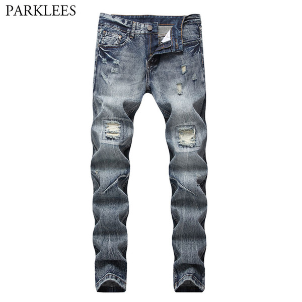 2018 New Men's Ripped Straight Jeans Casual Brand Wash Coon Slim Fit Spijkerbroek Mannen Hiphop Holes Design Denim Jeans Pants