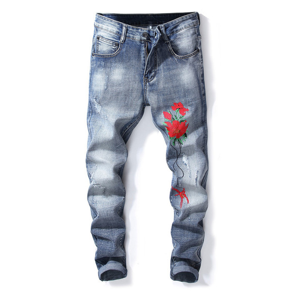 Mens Rose Embroidery Jeans Hip Hop Slim Fit Distressed Denim Pant Men Fashion Floral Embroidered Trousers 2018 J368