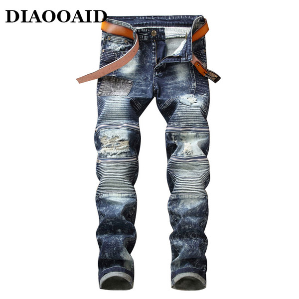 2018 Fashion motorcycle biker jeans with zipper hip hop denim pants ripped blue mens patch male fashion slim straight trousers