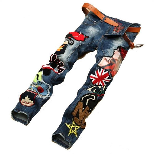 Europen American style Men's fashion brand cotton Patchwork men denim trousers colorful jeans luxury Slim Straight jeans men