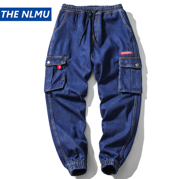 Men Vintage Fashion Multi Pockets Denim Pant Streetwear Hip Hop Cargo Pant Male Jeans Harem Trousers Blue 2019 WB52