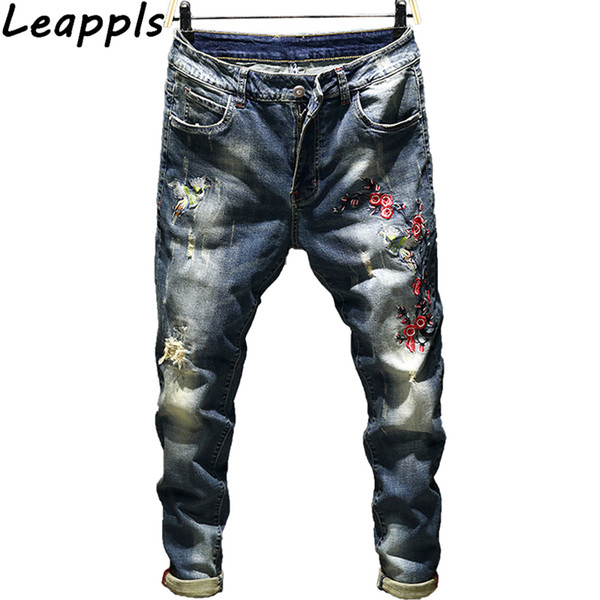 Leappls Jeans Pencil Pants Men 98% cotton Fashion embroidery Dark Holes Denim Casual Trousers streetwear Brands clothing autumn