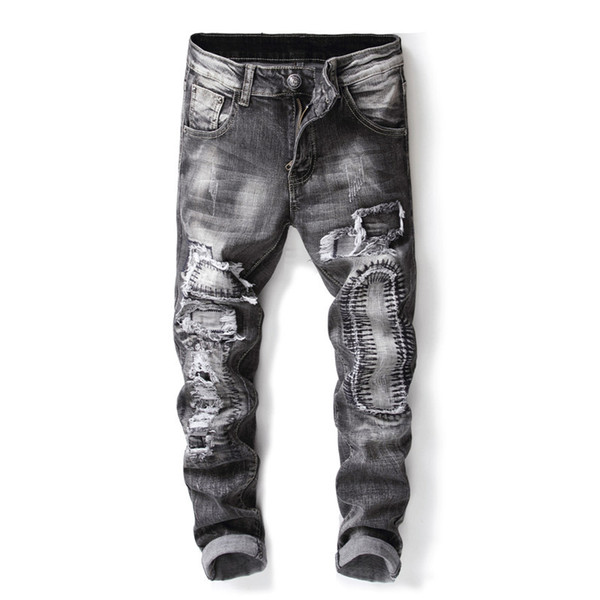 Mens Distressed Ripped Jeans Slim Fit Streetwear Motocycle Denim Pant Men Fashion Patchwork Gray Trousers 2018 J369