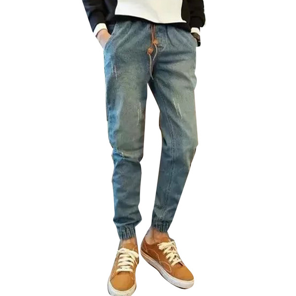 Brand new Men Boys Autumn Spring Elastic Ankle Banded Drawstring Waist Pants Casual Denim Harem Long Pant Jeans Popular