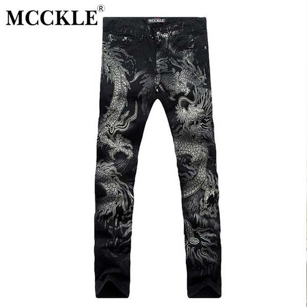 MCCKLE Men Chinese Dragon Print Pencil Jeans 2018 Autumn Fashion Male Slim Fit Denim Pants Night Club Skinny For Man Plus Size