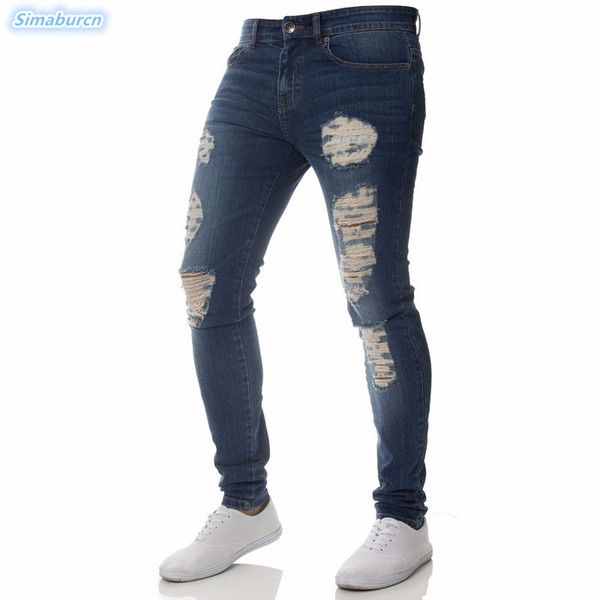 Fashion Men Slim Skinny Jeans Wrinkle in Knee Hip Hop Pencil Pants Zipper Male Ripped Casual Holes Trousers Boy Dropshipping