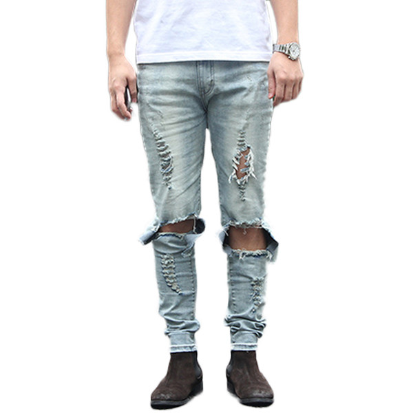 Fashion Designed Slim Fit Ripped Biker Jeans Hi-Street Mens Distressed Denim Joggers Knee Holes Washed Destroyed Jeans Men Pants