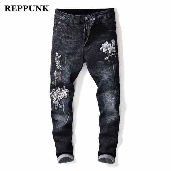 REPPUNK 2018 New Famous Brand Embroidered Men's Black Jeans Fashion Trend Denim Pants streetwear hiphop male denim trousers