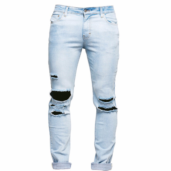 Men's Stretchy Ripped Skinny Biker Jeans Destroyed Taped Slim Fit Denim Pants