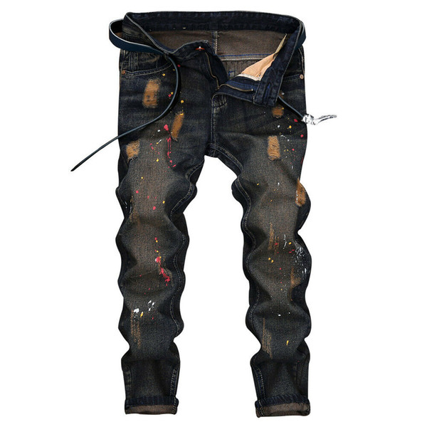 Hirigin Brand Men Elastic Reaationary Skinny Denim Hole Jeans Distressed Ripped Destroyed Pants Designer Trousers