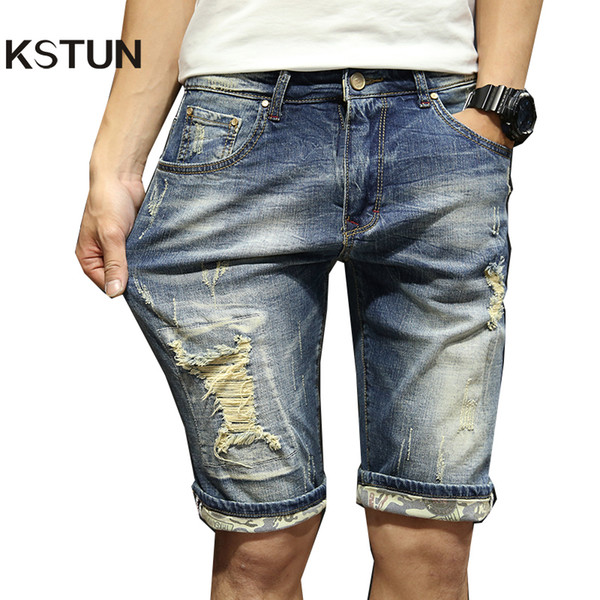 KSTUN Mens Jeans Shorts Summer Vintage Denim Shorts Elastic Fashion Designer Pockets Short Ripped Jeans Men Brand Destroyed