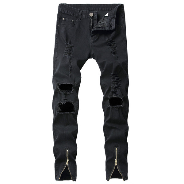 2019 New Hole Ripped Streetwear Denim Pants Trousers Fashion Stretchs Slim Leg Opening Zipper Jeans Brand Men Black Jeans