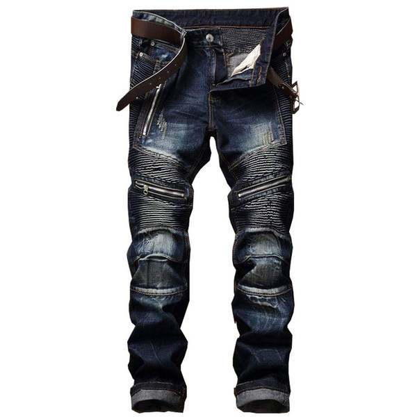 Straight Washed Multi Zipper pants homme Pleated Biker Jeans Pants 2018 Men's Slim 516#