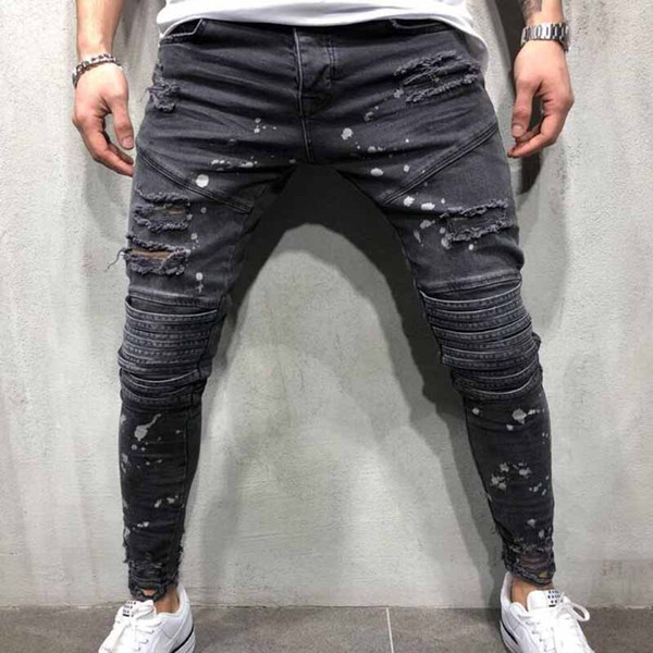 England Style Men's Jeans Fashion Men's Hole Fake Zippers Jeans Casual Hip Hop Slim Jeans For Men