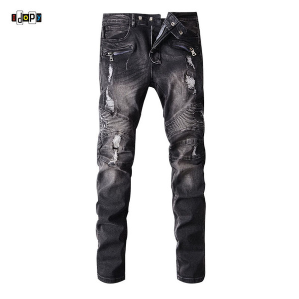 Idopy Men`s Biker Jeans Ripped Black Designer Hole Stone Washed Slim Fit Straight Motorcycle Denim Joggers Pants For Male