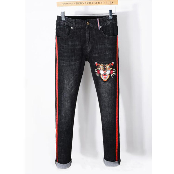 New Italy Style Men's Distressed Tiger Embroidered Pants Red Side Stripe Black Skinny Jeans Slim Trousers