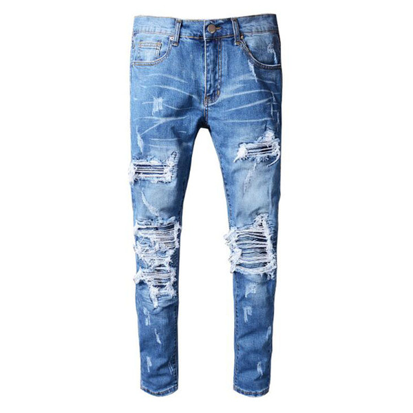 Ami Brand Men's Jeans New Mens Distressed Destroy Pants Knee Ribbed Patches Blue Denim Skinny Biker Jeans Slim Trousers