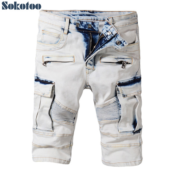 Sokotoo Men's summer pale blue pockets cargo biker shorts for moto Plus size knee length stretch denim slim jeans