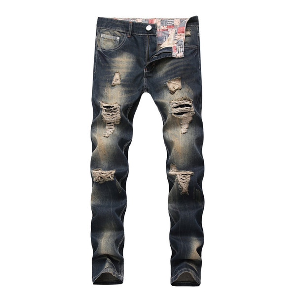 Biker Jeans Men High Quality Vintage Hole Jeans Fashion Pant Male Slim Denim Trouser Plus Size 42