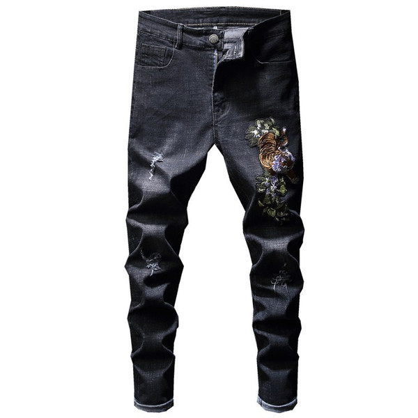 Black Skinny Jeans Men embroidery tiger Stretch Denim Jeans Man Elastic Casual Slim Jean Pants Male Quality Homme