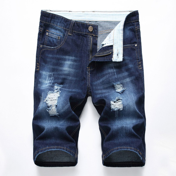 New summer slim denim jeans shorts men straight hole blue business casual distressed solid hole fashion plus size male trousers