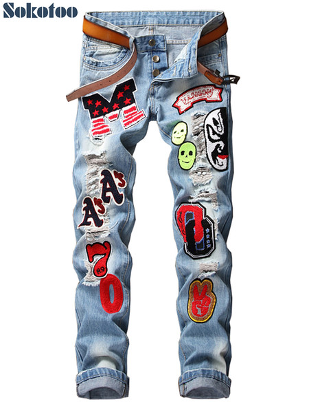 Sokotoo Men's badge patches buttons fly slim jeans Trendy light blue holes ripped distressed denim straight pants