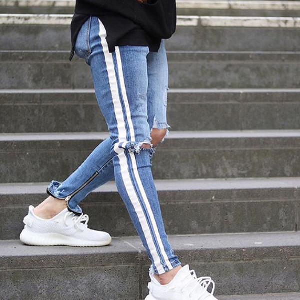 Men denim ripped hole Jeans side striped line Jeans Fashion Hip hop Skinny pencil For Men stretch ankle zipper black