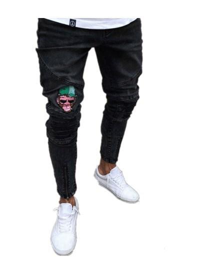 Men Stylish Ripped Biker Jeans Skinny Slim Fit Straight Frayed Denim Trousers 2019 New Fashion Zipper Black Jeans