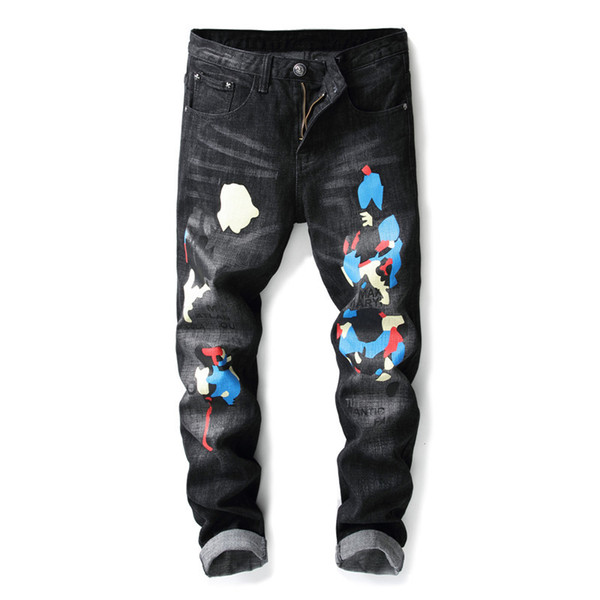 Hip Hop Clothing Designer Print Pants Black Destroyed Mens Slim Denim Straight Biker Skinny Jans For Men Ripped Jeans Size 28-38