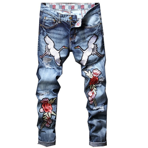 New Blue Jeans Men Straight Denim Jeans Streetwear Embroidery Rose Crane Pattern Denim Trousers High Quality Men's Holes