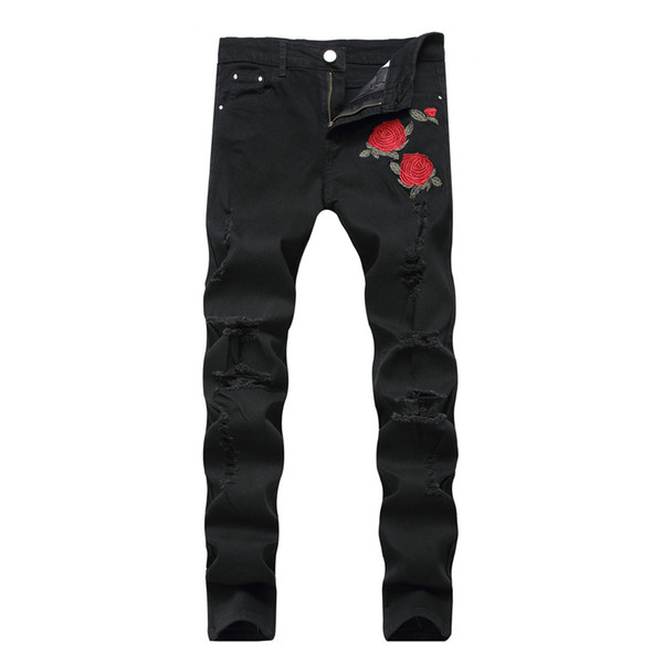 Black Ripped Jeans with Embroidery Men with Flowers Rose Embroidered Men's Denim Jeans Stretch Skinny Pants