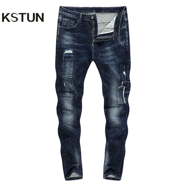 KSTUN Skinny Jeans Men Fear of God Ripped Biker Denim Clothes Man Patchwork Stretch Blue Pencils Pants Streetwear Hot Kanye West