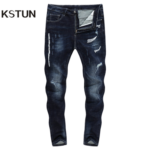 KSTUN Ripped Jeans for Men Dark Blue Thick Stretch High Street Hip Hop Print Musical Note Dancers Cool Denim Pants Justin Bieber