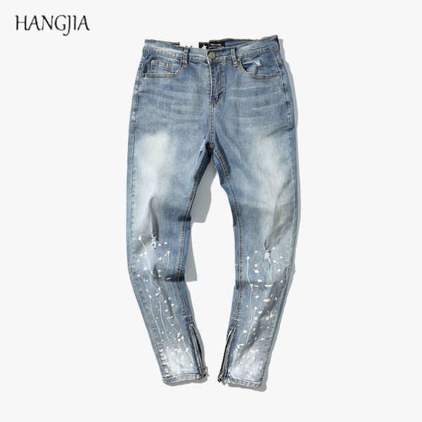 2018 Original Spray Paint Print Point Zipper Stitching Feet Jeans Washed Distressed Destroyed Slim Fit Denim Pants Hip-hop