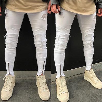 Men Stylish Ripped Scratched Jeans Pants Biker Skinny Slim Straight Denim Pencil Long Trousers Leggings Pantalon S-3XL White