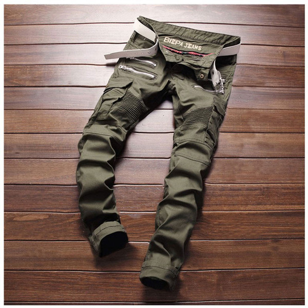 Wholesale-Army Green Zipper Designer Pants Men's Slim Patchwork Biker Skinny Jeans New Fashion Pencil Pants Double Side Pockets 28-38