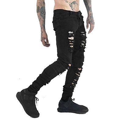 New Men Black Skinny Slim Fit Jeans Distressed Ripped Destroyed Holes Denim Pants