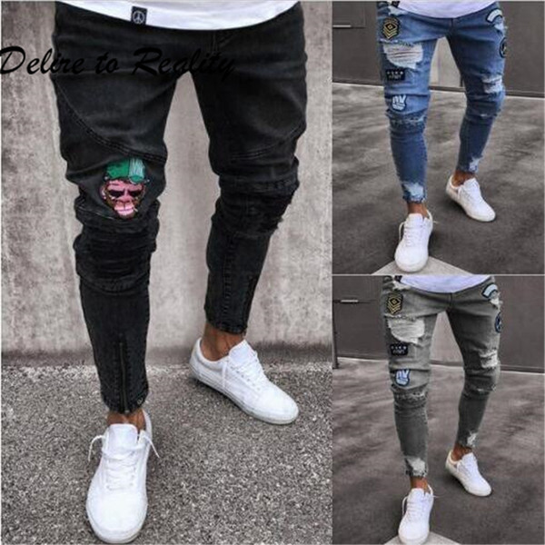 2018 Mens Skinny Jeans Ripped Slim fit Stretch Pattern Destroyed Taped Pencil Trousers 1016