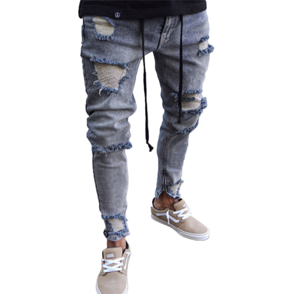 2018 Fashion High Street Mens Destroyed Jeans New Casual Trousers Fitted Bottoms Zipper Streetwear Hip Hop Jogger Damage Jeans