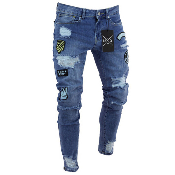 hirigin Men Jeans Stretch Destroyed Ripped applique Design Fashion Ankle Zipper Skinny Jeans For Men