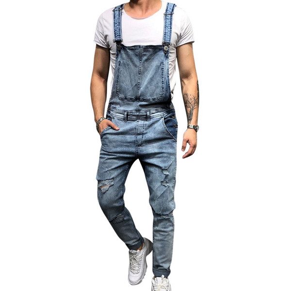 Puimentiua Fashion Mens Ripped Jeans Jumpsuits Street Distressed Hole Denim Bib Overalls For Man Suspender Pants Size M-XXL