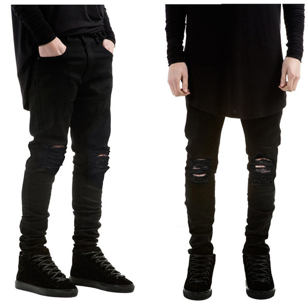 2016 New fashion Brand men black jeans skinny ripped Stretch Slim kanye west hip hop swag denim motorcycle biker pants Jogger