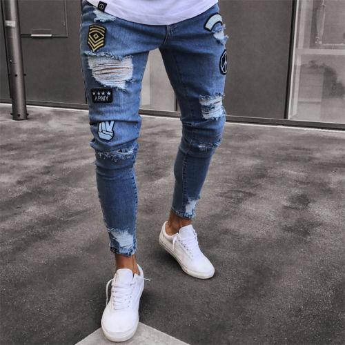 Fashion Mens Skinny Jeans Rip Slim fit Stretch Denim Distress Frayed Biker Jeans Boys Embroidered Patterns Pencil Trousers