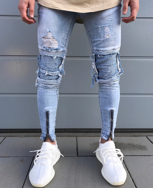 New Ripped Pleated Biker Jeans Light blue Classic Fashion Designer Brand Stretch Men's Ankle Zipper Skinny Pencil Jeans