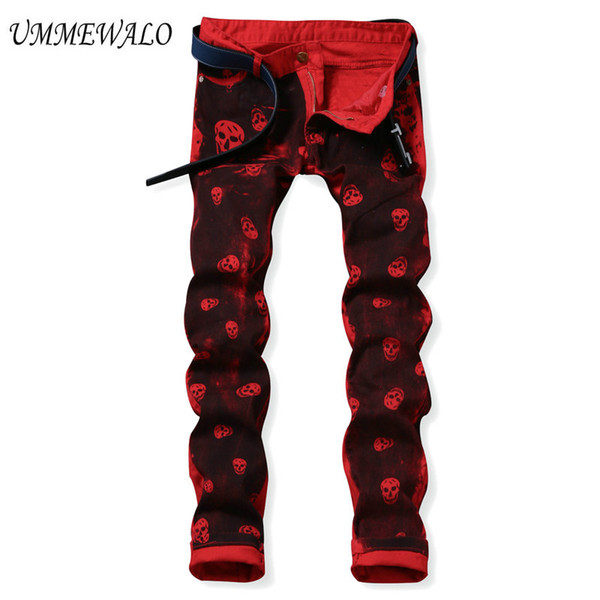 Wholesale- UMMEWALO Skull Printed Jeans For Men Casual Slim Straight Jeans Designer Red Pants Mens Brand Printing Trousers Jeans Hombre