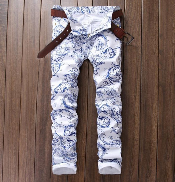 Wholesale- Men's Fashion Slim Fit White Spray Flower Print Jeans Male Casual White Cotton Pants US Size 29-38