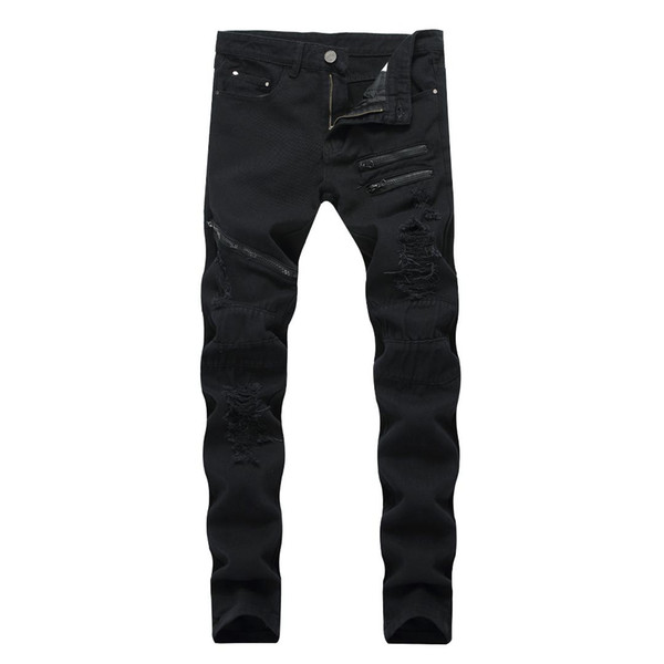 QMGOOD Plus Size Ripped Jeans for Men Slim Zipper Denim Skinny Men Pants Distressed Jeans Trousers Hip Hop Black Homme