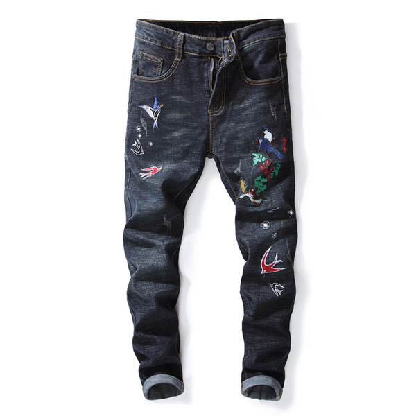 European Style Famous Brand Bird Embroidery Ripped Jeans Luxury Men Straight Denim Trousers Hole Slim Black Jeans For Men