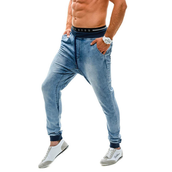 Men's Indigo Drop Crotch Denim Jogger Pants Close Button Drawstring Regular Fit Blue Denim Jeans Harem Pants